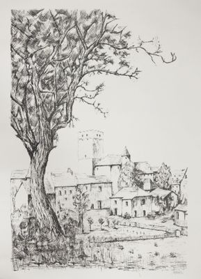 an image of a drawing of a tree in front of a building