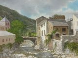 a painting of a river running through a town