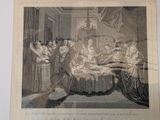 a drawing of a group of people gathered around a table
