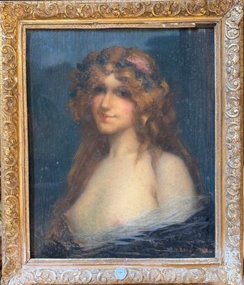 portrait of a woman in a blue dress with a pink flower in her hair