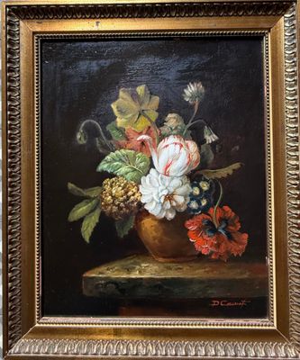 une peinture à l'huile représentant des fleurs dans un vase sur une table