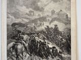 a black and white drawing of a group of men on horses