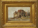 an oil painting of a house by the water with a boat in the foreground