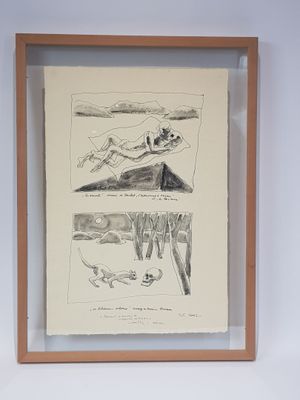 framed drawing of a dog and a cat in a room