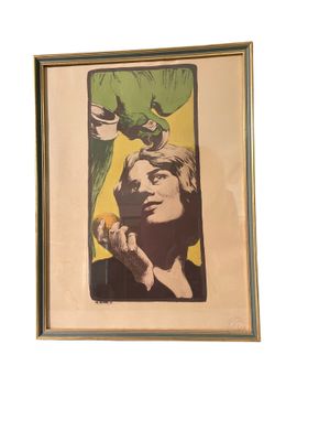 Angelo YANK ( 1868-1940) La femme au perroquet, estampe en c…