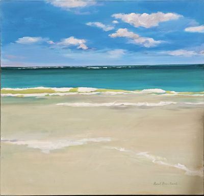 a painting of a beach scene with a blue sky and white clouds