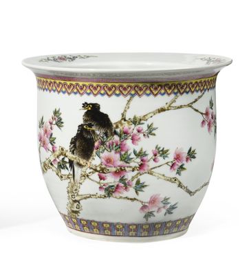 a bird sitting on a branch of a tree in a flower pot