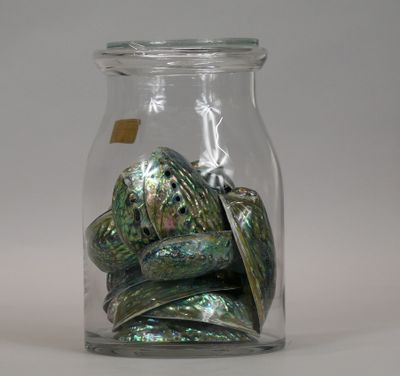 a glass jar filled with a pile of green and silver rocks