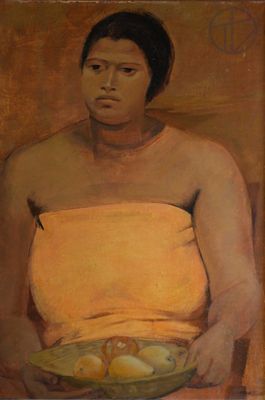 tableau représentant une femme vêtue d'un drap de bain jaune tenant un bol de fruits