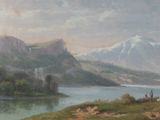 une peinture représentant une scène de montagne avec un lac au premier plan