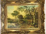 a painting of a landscape with a river and trees in the foreground
