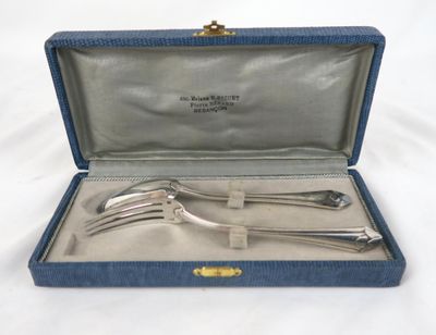 a silverware set in a blue case on a white surface