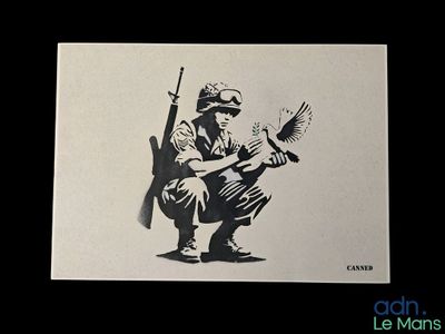 drawing of a soldier with a rifle and a fan in his hand