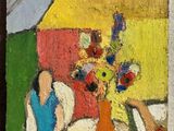 un tableau représentant une femme assise à une table avec un vase de fleurs
