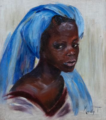 une peinture à l'huile représentant une femme coiffée d'un turban bleu