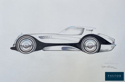 drawing of a black and white sports car on a white background