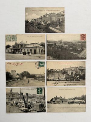 quelques vieilles cartes postales représentant des bâtiments anciens et une gare