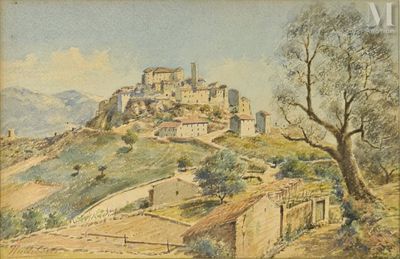 an image of a painting of a castle on top of a hill