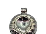 an image of a close up of a silver pendant on a white background
