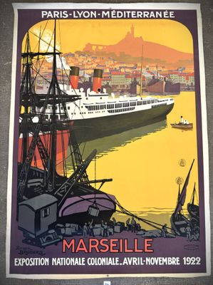 poster of a cruise ship docked in a harbor with a city in the background