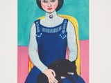 painting of a woman sitting in a chair with a cat on her lap