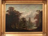 painting of a landscape with a river in the foreground and trees in the foreground