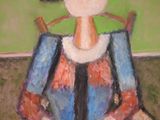 a painting of a man sitting on a chair with a hat on