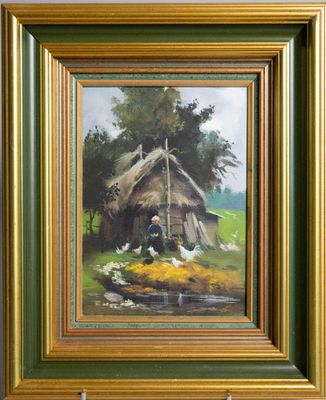 un tableau représentant une femme assise devant une hutte, avec des poulets