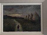 tableau représentant une personne marchant sur un sentier dans un champ