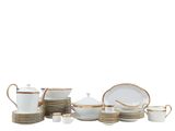 an image of a white and gold dinner set with cups and saucers
