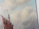a painting of a boat in the water with people on it
