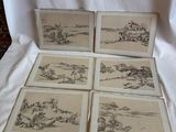 six dessins encadrés représentant des montagnes et des arbres sur une feuille de papier