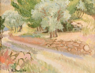 une peinture d'un chemin de terre avec des arbres en arrière-plan