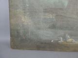an old painting of a man and a dog sitting on the ground