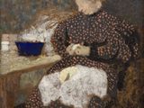 une image représentant un tableau où l'on voit une femme assise à une table devant un bol de nourriture