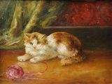 tableau représentant un chat jouant avec une pelote de laine sur le sol