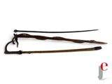 pair of two wooden swords with metal handles on a white background