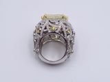 a close up of a ring on a table with a white background
