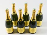 six bottles of champagne are lined up in a row on a white surface