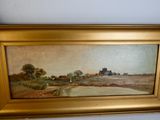 an oil painting of a farm scene with a river in the foreground