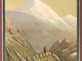 an image of a painting of a mountain scene with a person on a horse