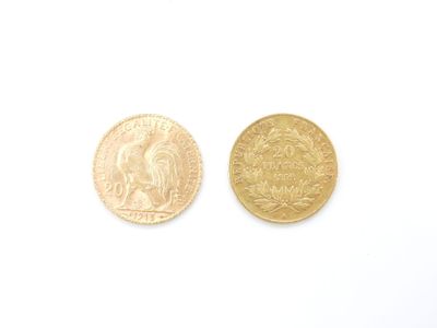deux pièces d'or posées sur une surface blanche, sur fond blanc