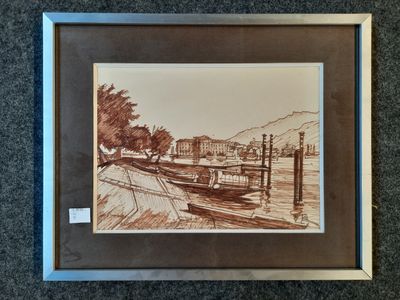 dessin représentant un bateau sur une rivière, avec un pont en arrière-plan