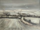 une peinture à l'huile représentant un paysage enneigé avec des arbres et une route