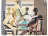 une peinture représentant une femme assise sur une chaise devant une fenêtre