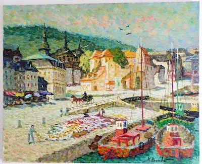 Pierre BOUDET (1925-2010) : ''Honfleur, le vieux Bassin" Huile sur toi - Photo 1