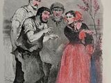 an old book with a drawing of a man holding a woman ' s hand