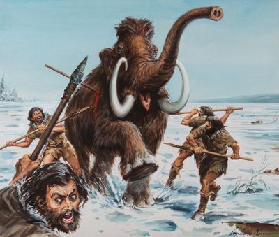 une illustration représentant un groupe d'hommes marchant à travers un champ recouvert de neige