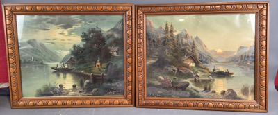 two paintings of a mountain scene with a boat in the water