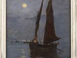 an oil painting of a sailboat on the water with a full moon in the background